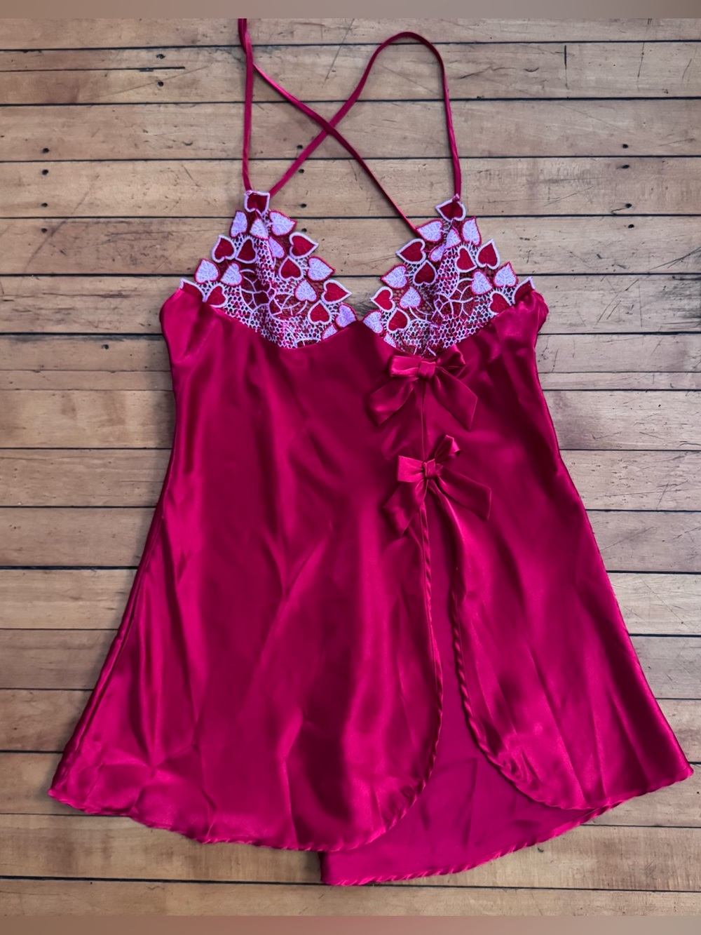 Red Silky Lingerie Chemise Slip w Embroidered Hearts Peak-a-boo Top medium bows